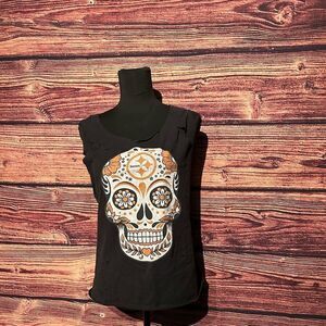 Day of the Dead Sugar Skull Women's Large Black Shirt Top Blouse Custom Cut Back